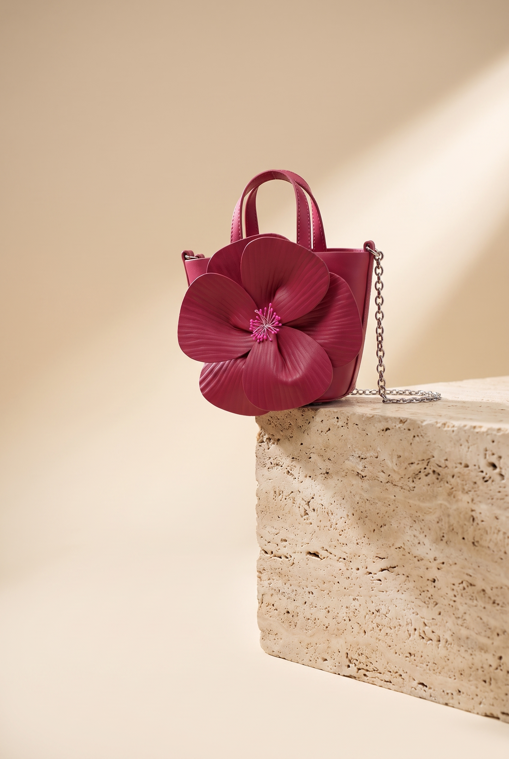 A small structured handbag in deep magenta pink with a large flower-shaped front detail and a silver chain strap, displayed on a textured stone block against a warm beige background.